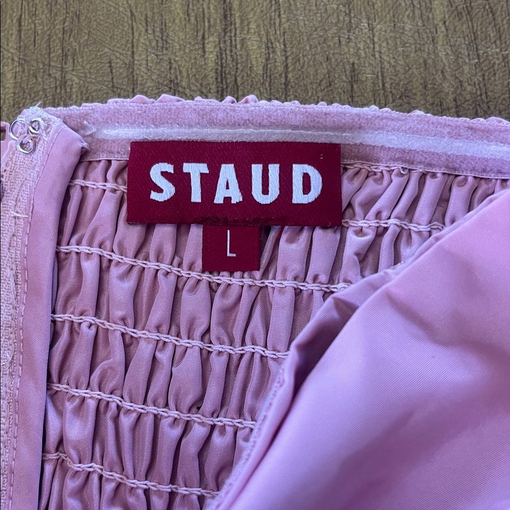 STAUD Dusty Pink Strapless Bow Crop Top, Satin Fabric, Stretchy Back, Sz L - Picture 7 of 11